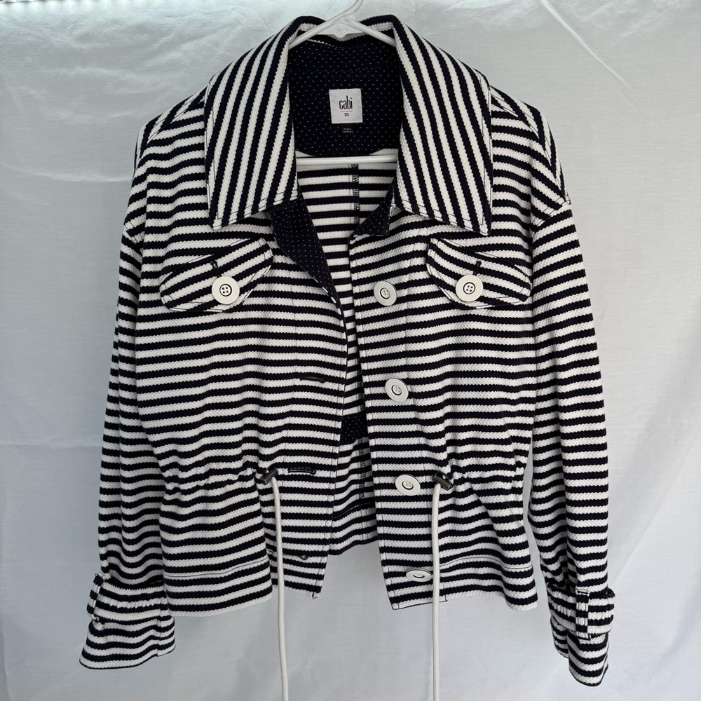 CAbi Harbor Jacket Navy-White Nautical Stripe Cinched Waist Knit XS